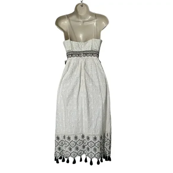 Hemant & Nandita Sleeveless White Eyelet‎ Black Tassel Midi Dress Size XS